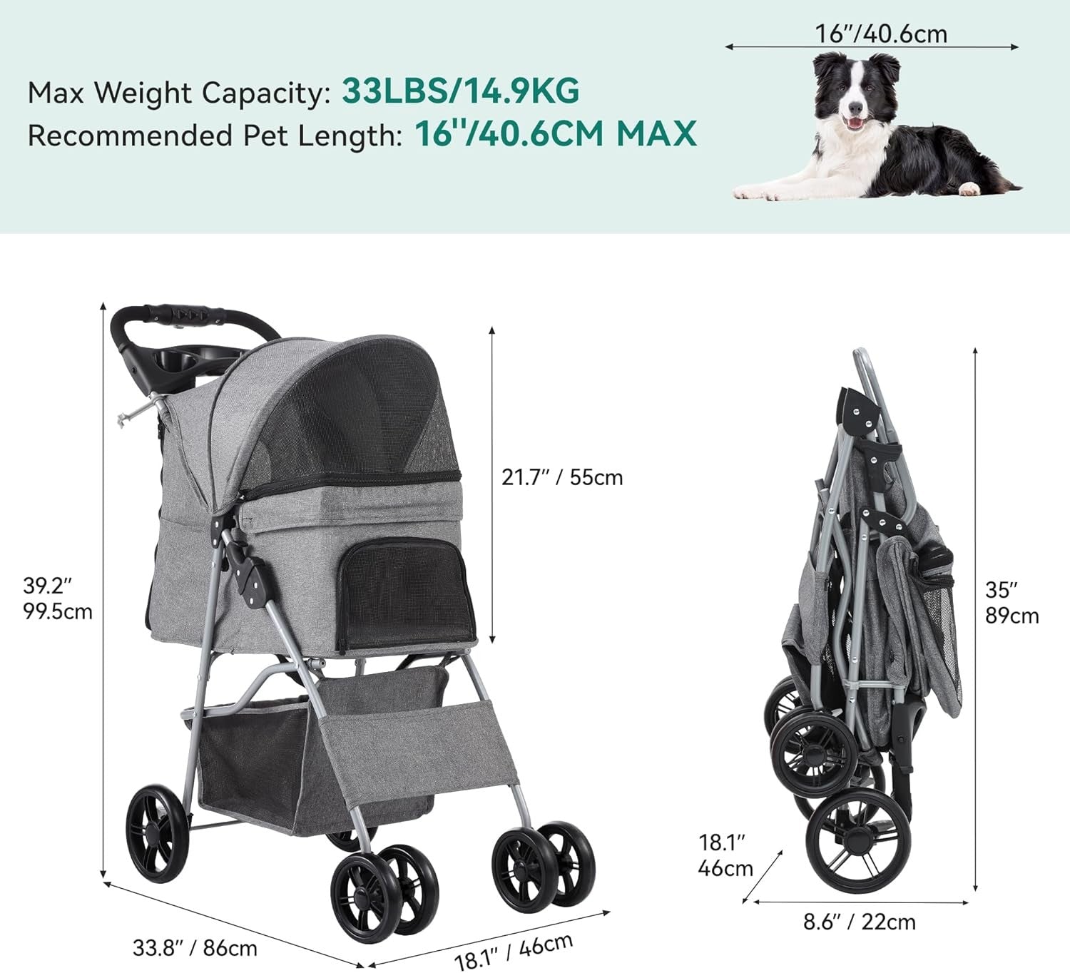 Grey 4 Wheel Dog Stroller Folding Pet Pushchair Cup Holder Storage Basket - Kwikley