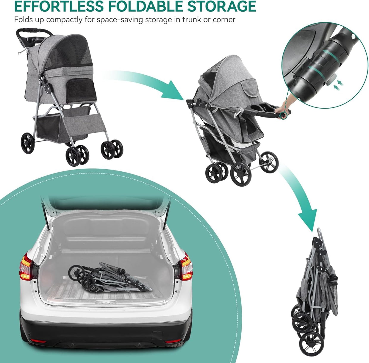 Grey 4 Wheel Dog Stroller Folding Pet Pushchair Cup Holder Storage Basket - Kwikley