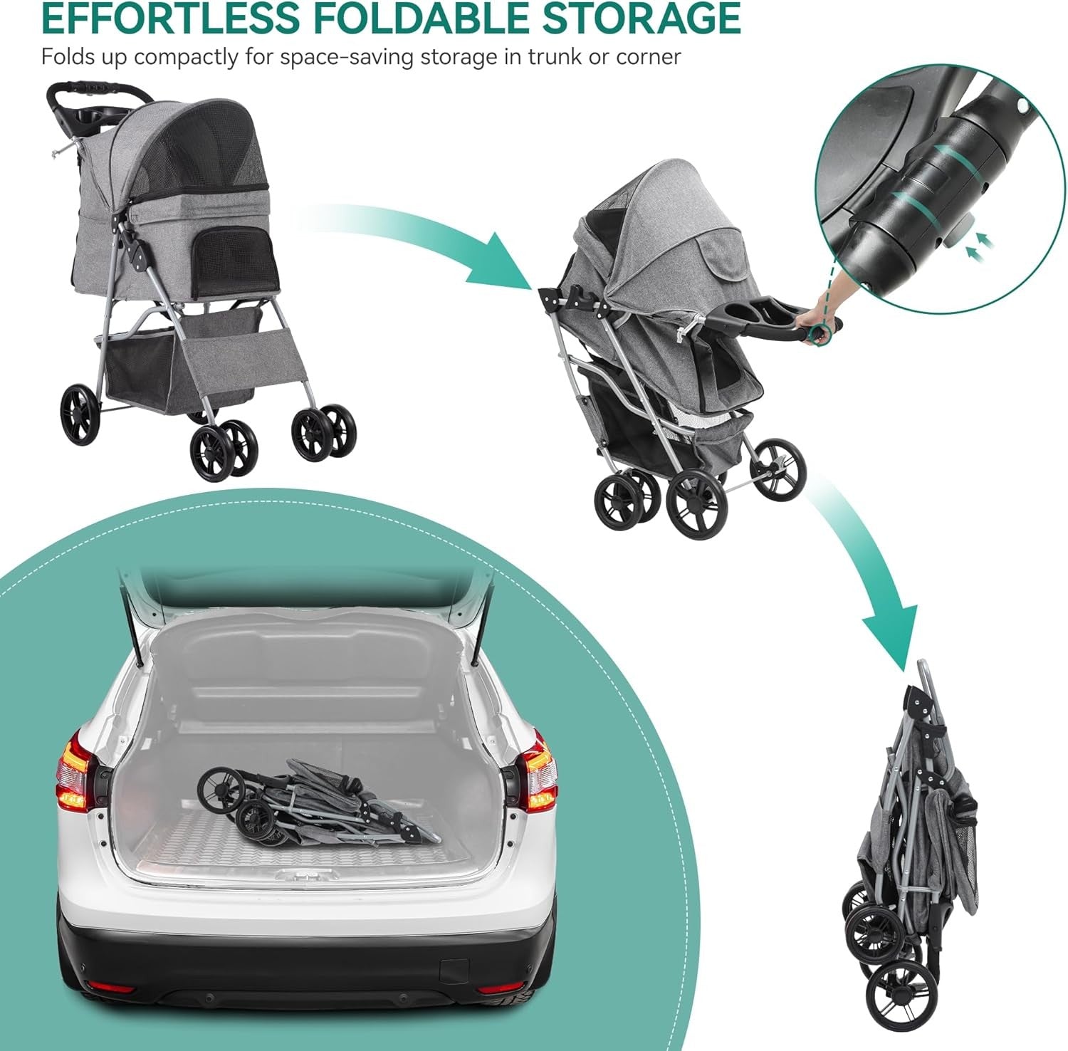 Grey 4 Wheel Dog Stroller Folding Pet Pushchair Cup Holder Storage Basket - Kwikley