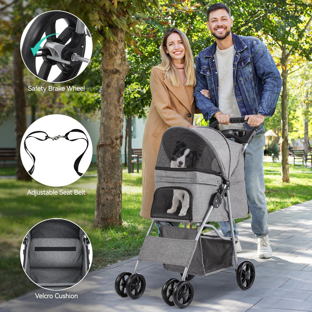 Grey 4 Wheel Dog Stroller Folding Pet Pushchair Cup Holder Storage Basket - Kwikley