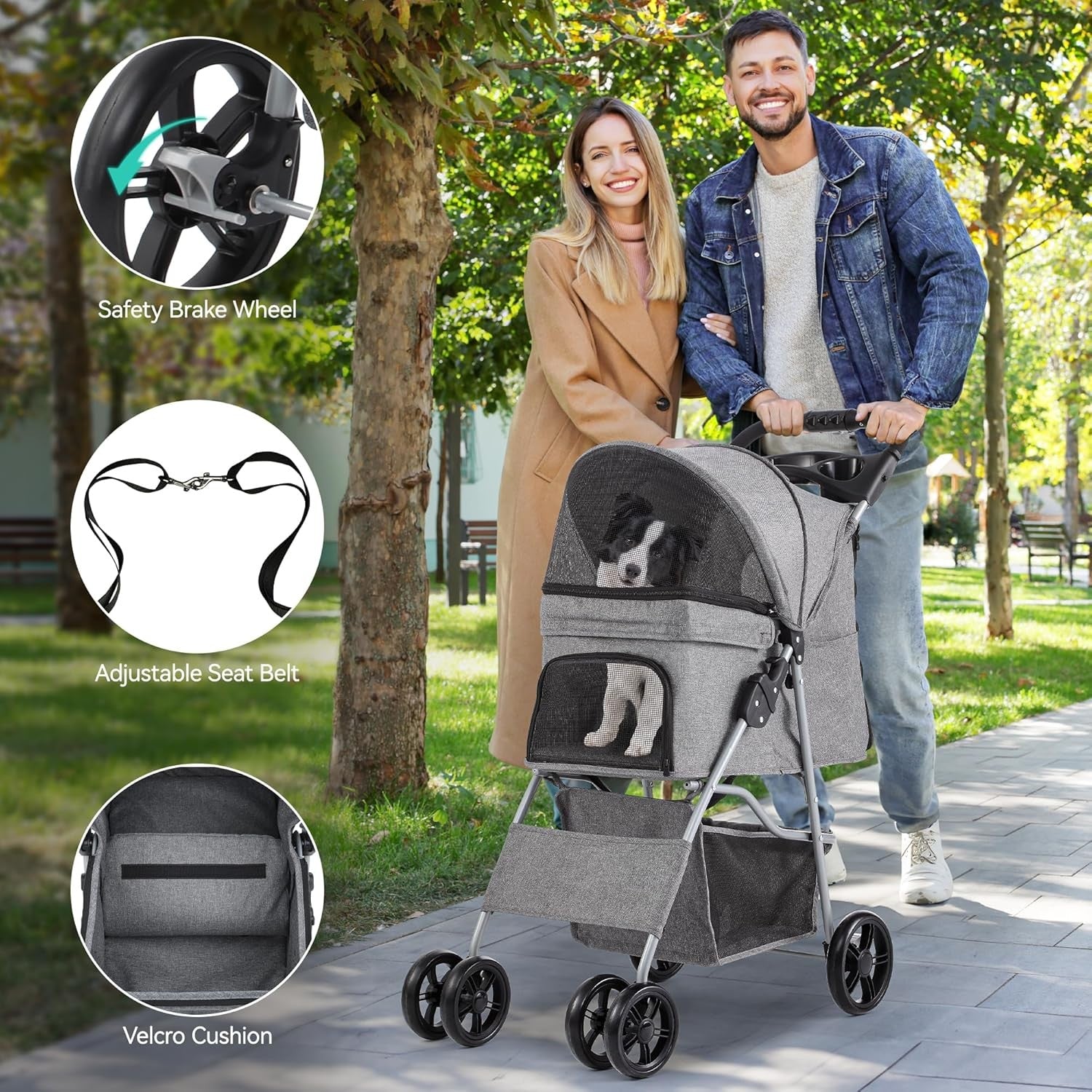 Grey 4 Wheel Dog Stroller Folding Pet Pushchair Cup Holder Storage Basket - Kwikley