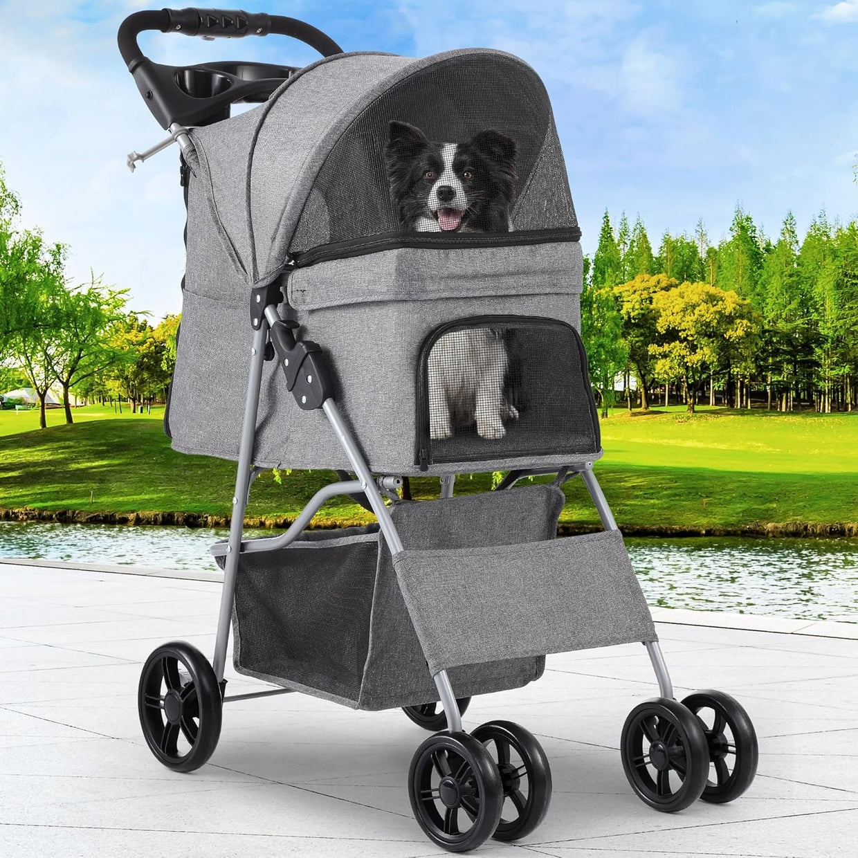 Grey 4 Wheel Dog Stroller Folding Pet Pushchair Cup Holder Storage Basket - Kwikley