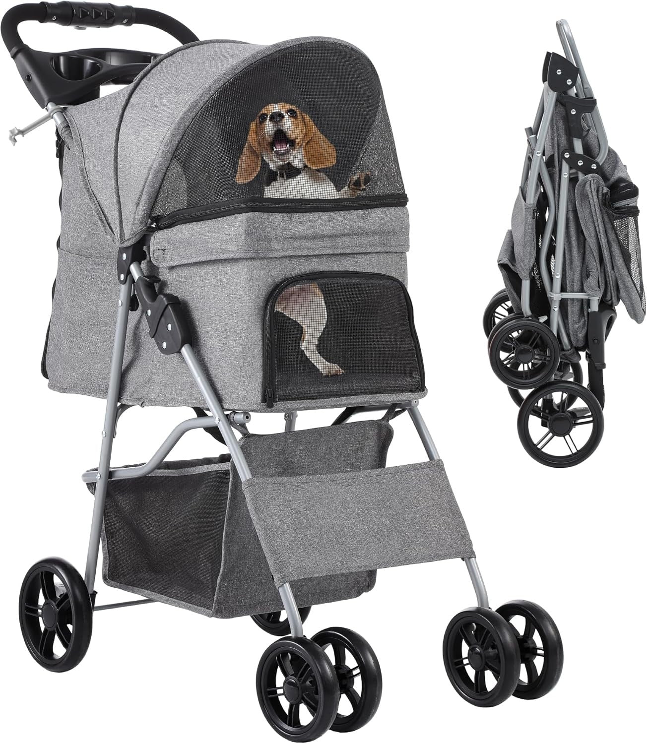 Grey 4 Wheel Dog Stroller Folding Pet Pushchair Cup Holder Storage Basket - Kwikley