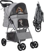 Grey 4 Wheel Dog Stroller Folding Pet Pushchair Cup Holder Storage Basket - Kwikley