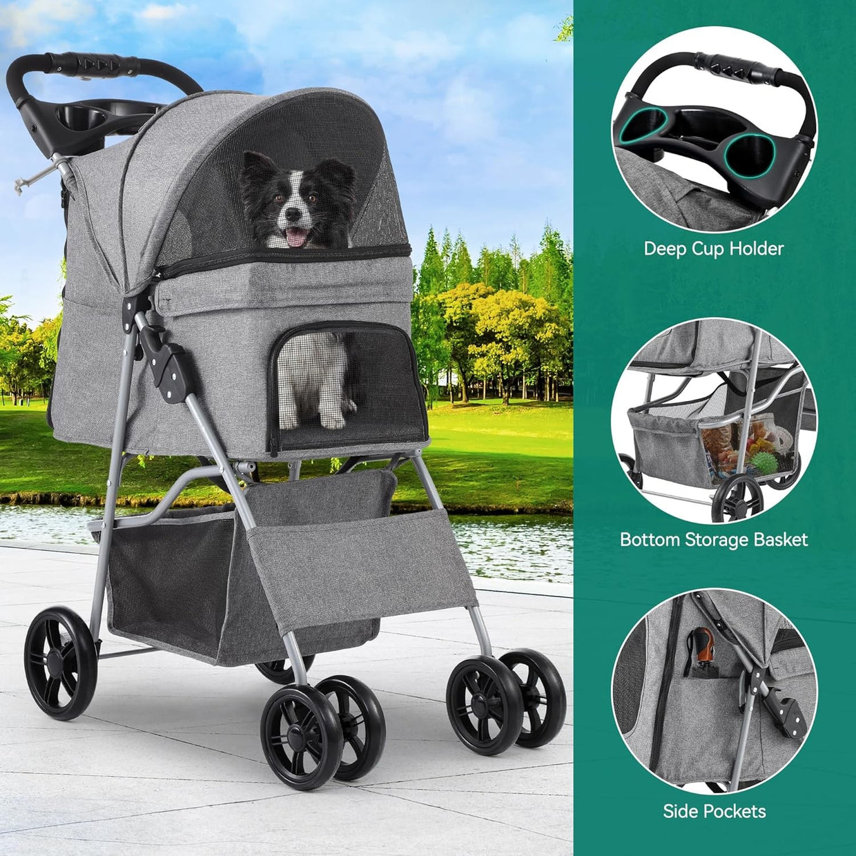 Grey 4 Wheel Dog Stroller Folding Pet Pushchair Cup Holder Storage Basket - Kwikley