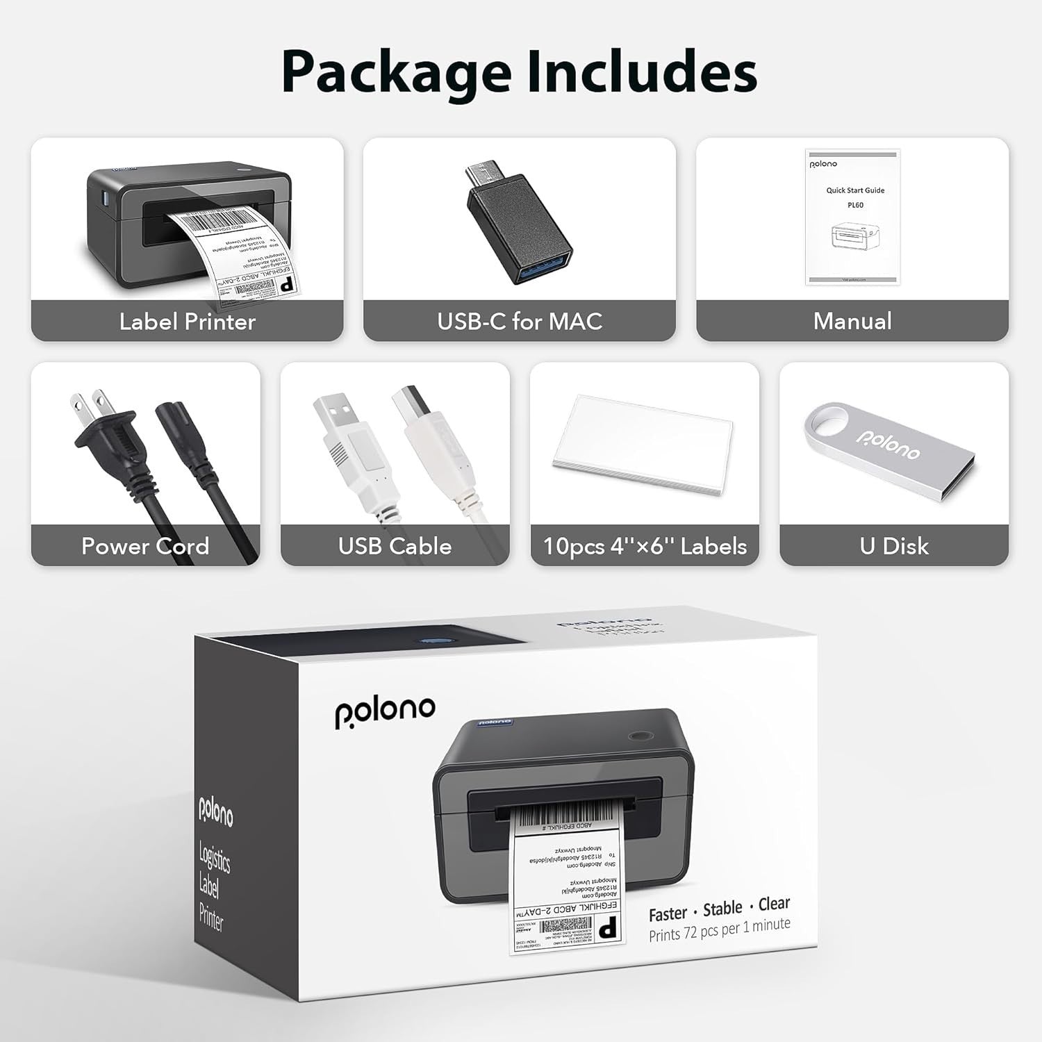 Grey 4x6 Thermal Shipping Label Printer USB High Speed 150mm/s Desktop - Kwikley