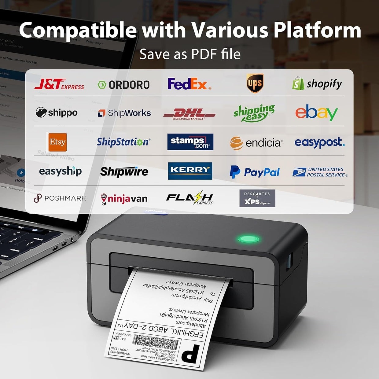 Grey 4x6 Thermal Shipping Label Printer USB High Speed 150mm/s Desktop - Kwikley