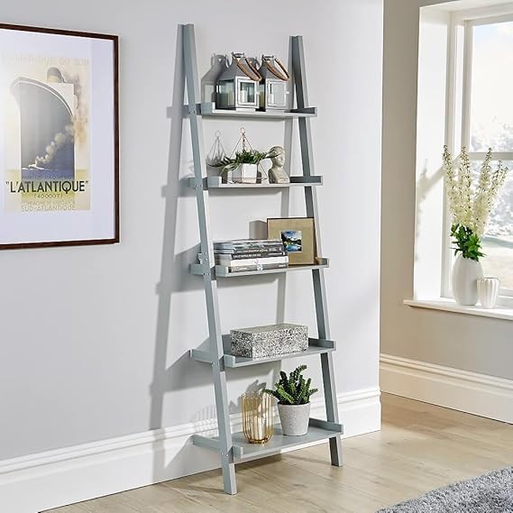Grey 5 Tier Ladder Bookcase Shelf Unit | Modern Display Storage Rack for Home - Kwikley