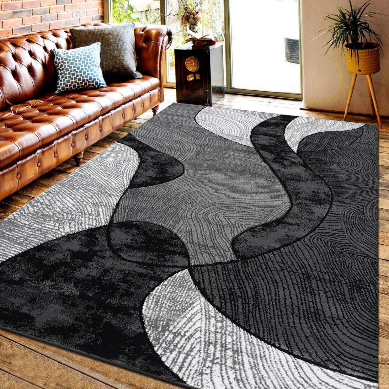 Grey Abstract Shaggy Area Rug 120x170cm Soft Thick Pile Living Room Carpet - Kwikley