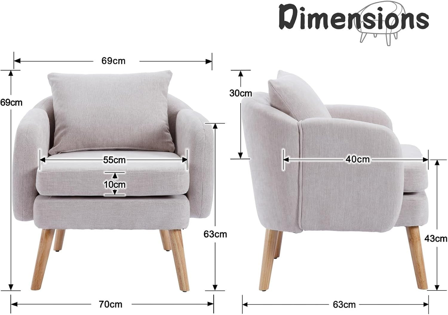 Grey Accent Armchair Chenille Lounge Chair with Wood Legs for Living Room - Kwikley