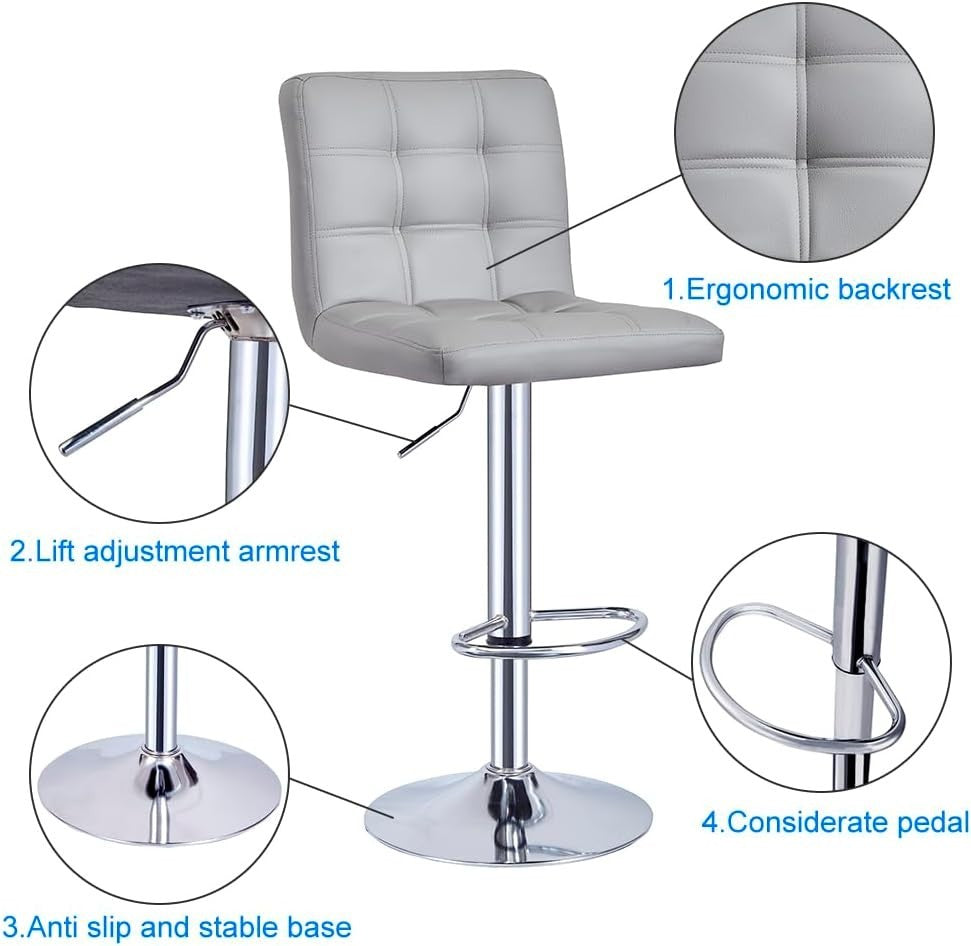 Grey Adjustable Swivel Bar Stool 62 - 82cm Faux Leather Modern Seat - Kwikley