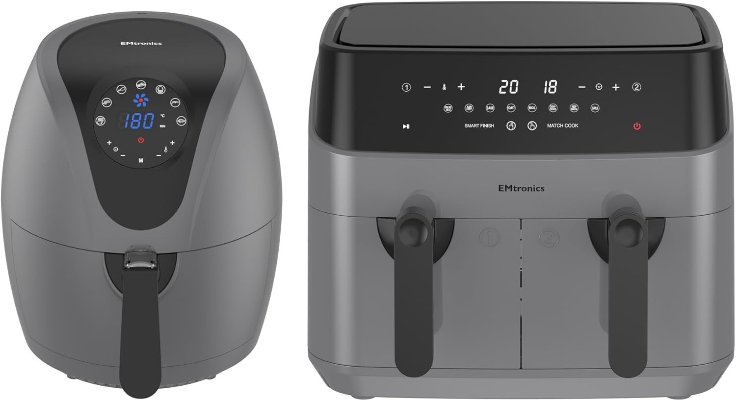 Grey Air Fryer Set Dual Drawer 9L + 4.5L Manual Smart Presets Low Fat - Kwikley