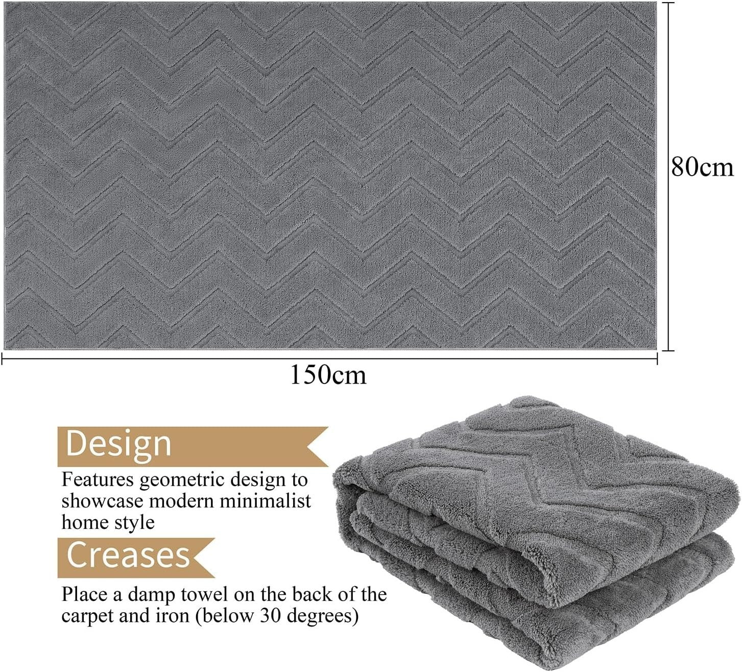 Grey Area Rug 80x150cm Washable Non Slip Soft Short Pile Living Room Carpet - Kwikley