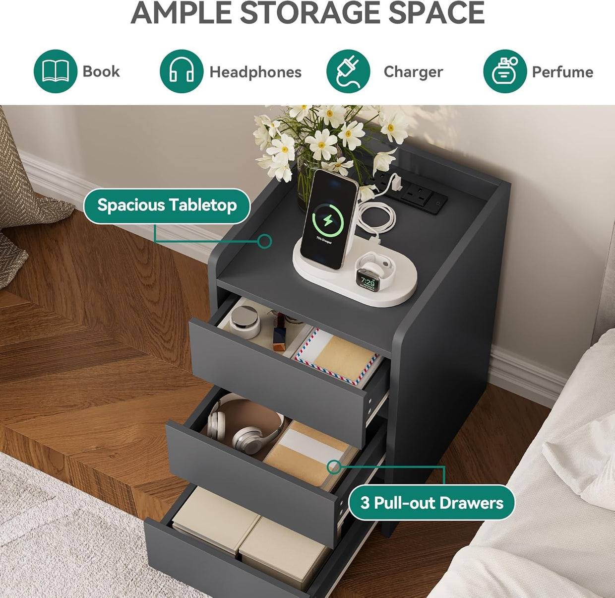 Grey Bedside Table with 3 Drawers & Power Station | Modern Nightstand 35×59cm - Kwikley