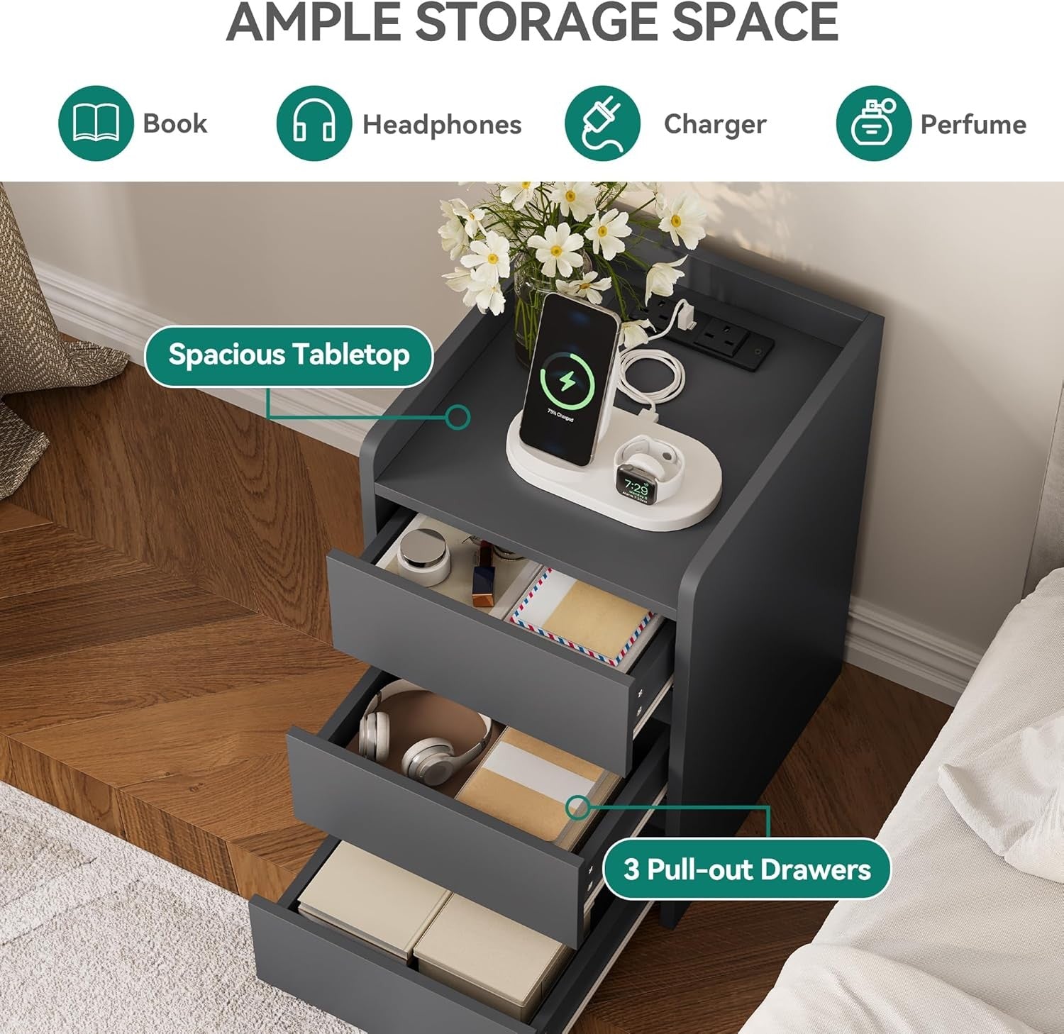 Grey Bedside Table with 3 Drawers & Power Station | Modern Nightstand 35×59cm - Kwikley