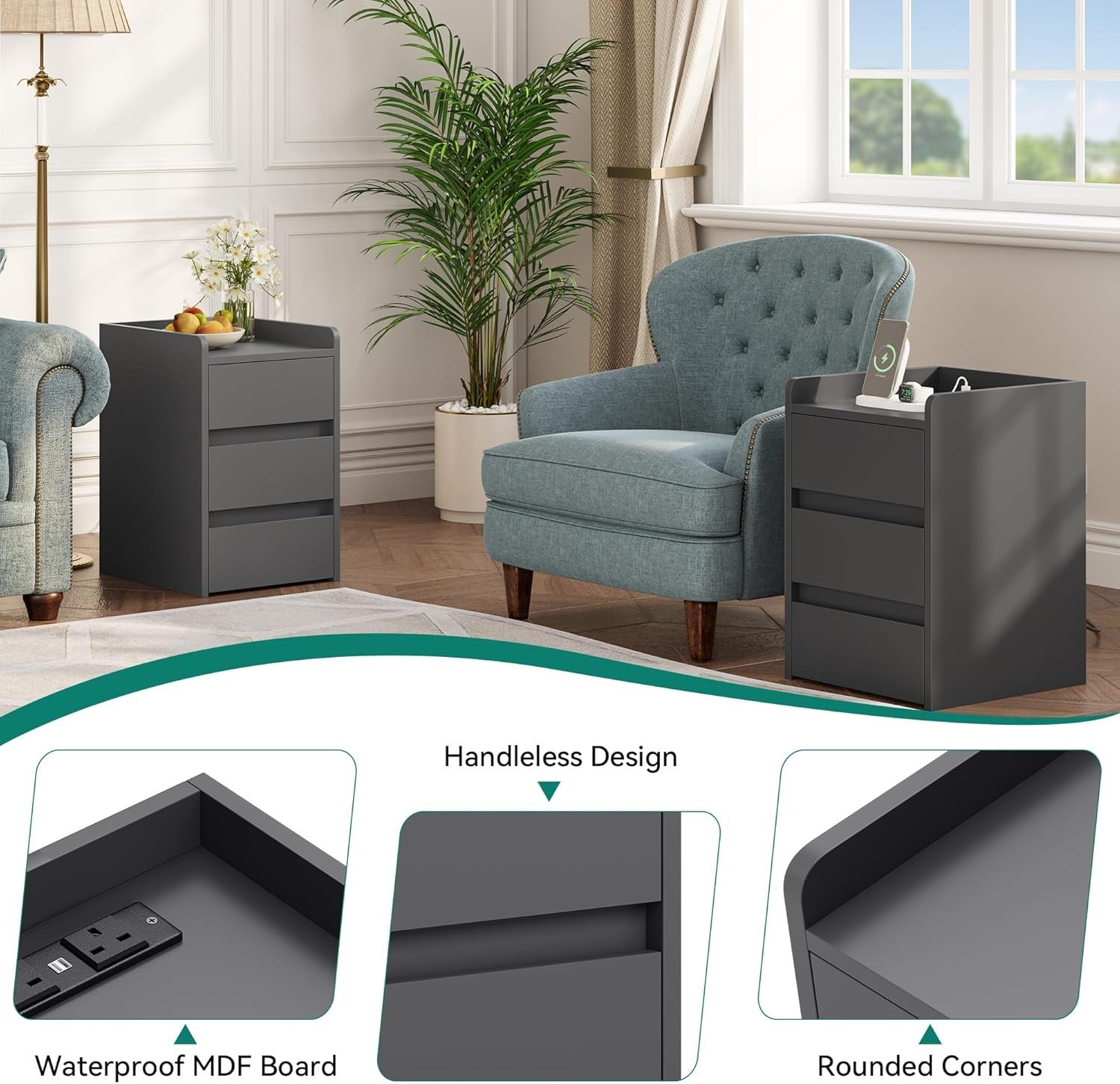 Grey Bedside Table with 3 Drawers & Power Station | Modern Nightstand 35×59cm - Kwikley