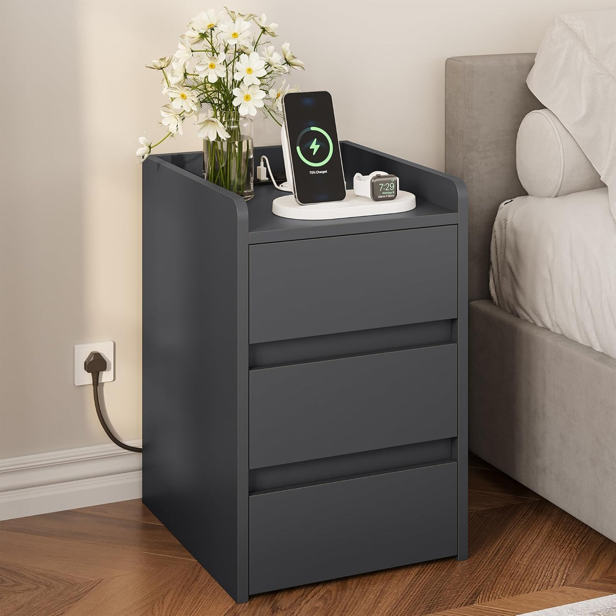 Grey Bedside Table with 3 Drawers & Power Station | Modern Nightstand 35×59cm - Kwikley