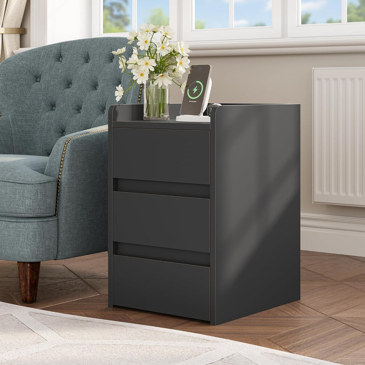 Grey Bedside Table with 3 Drawers & Power Station | Modern Nightstand 35×59cm - Kwikley