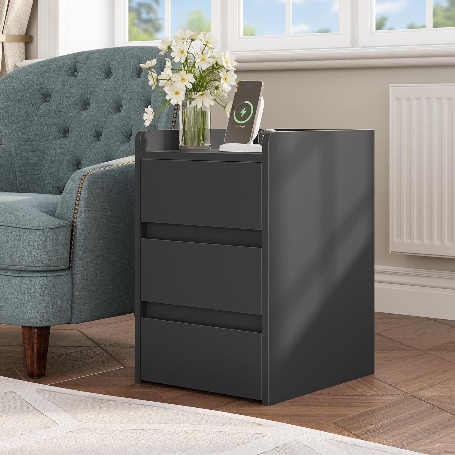 Grey Bedside Table with 3 Drawers & Power Station | Modern Nightstand 35×59cm - Kwikley