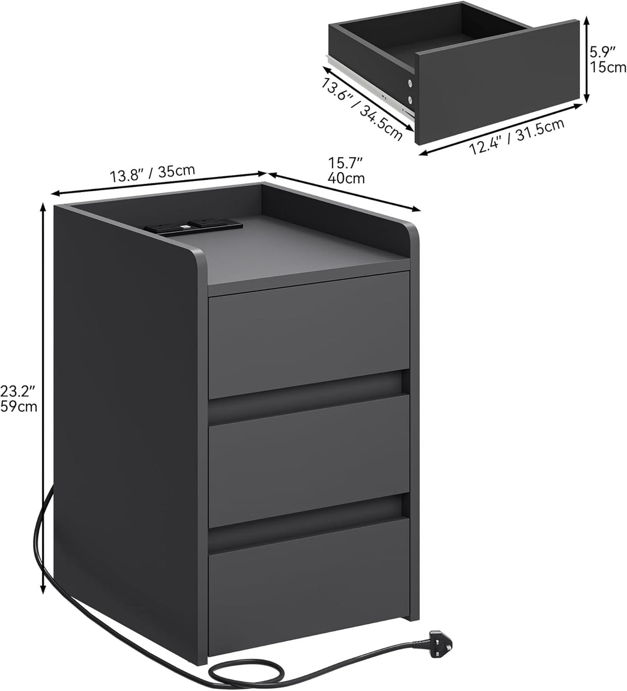 Grey Bedside Table with 3 Drawers & Power Station | Modern Nightstand 35×59cm - Kwikley