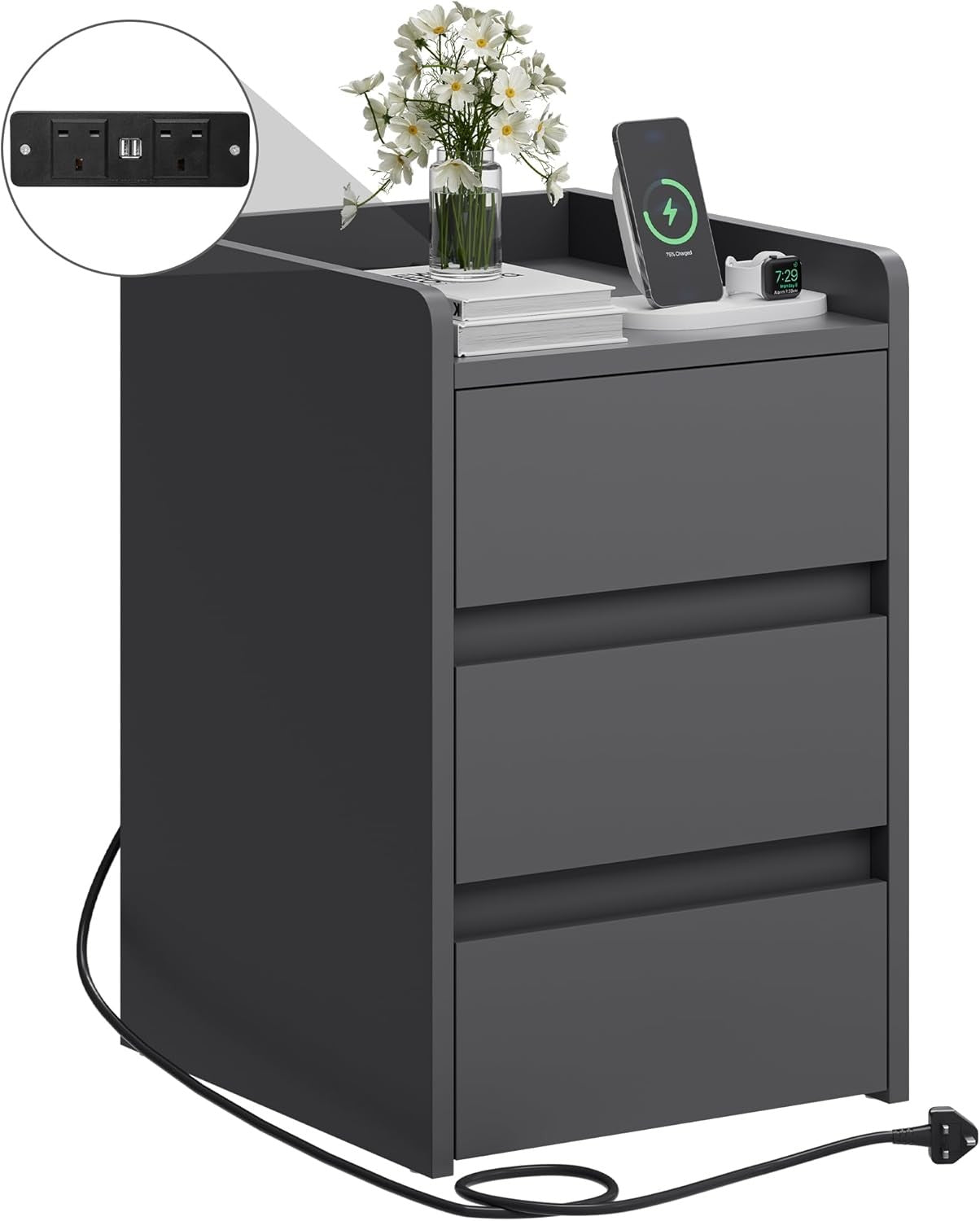 Grey Bedside Table with 3 Drawers & Power Station | Modern Nightstand 35×59cm - Kwikley