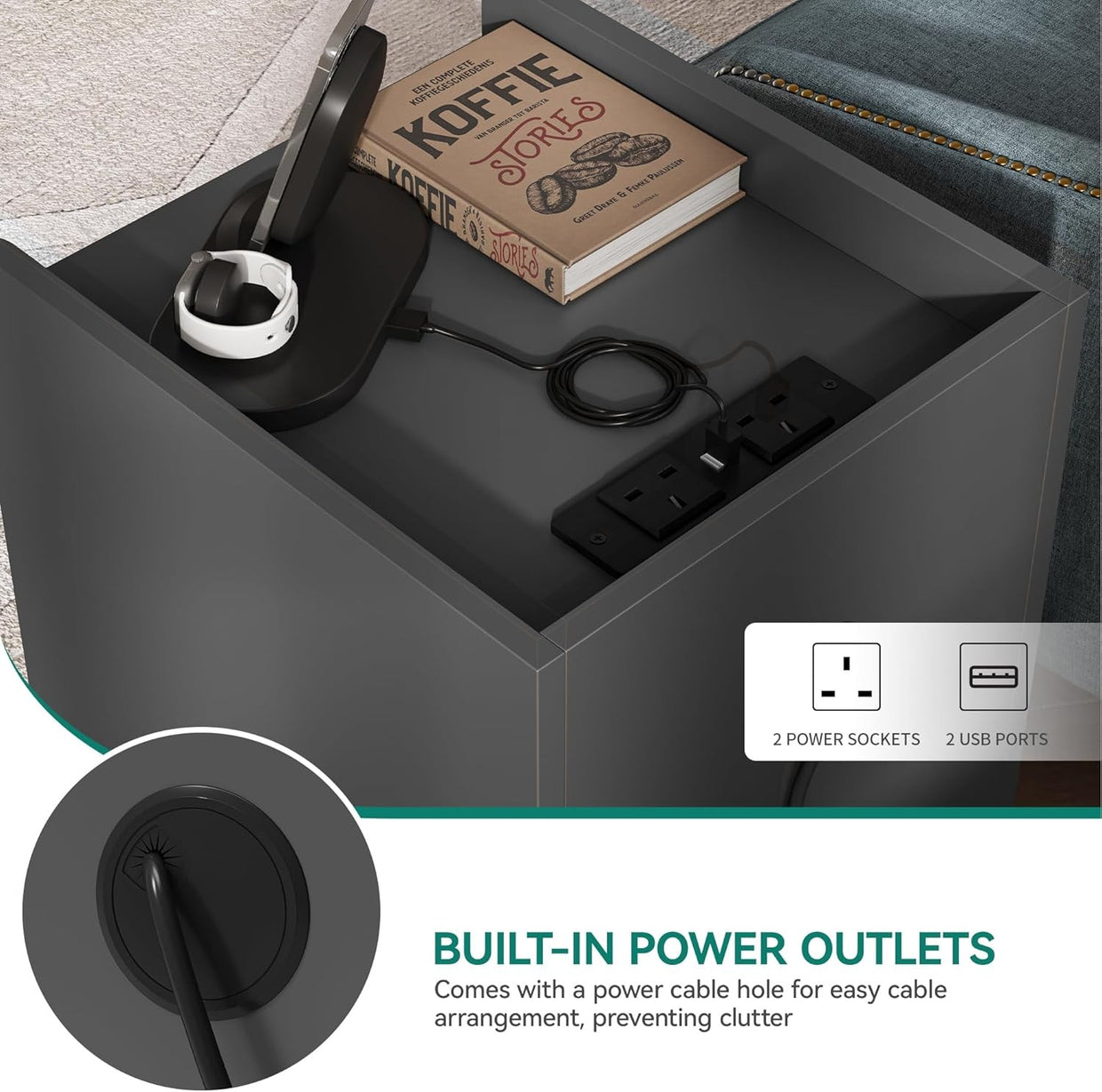 Grey Bedside Table with 3 Drawers & Power Station | Modern Nightstand 35×59cm - Kwikley