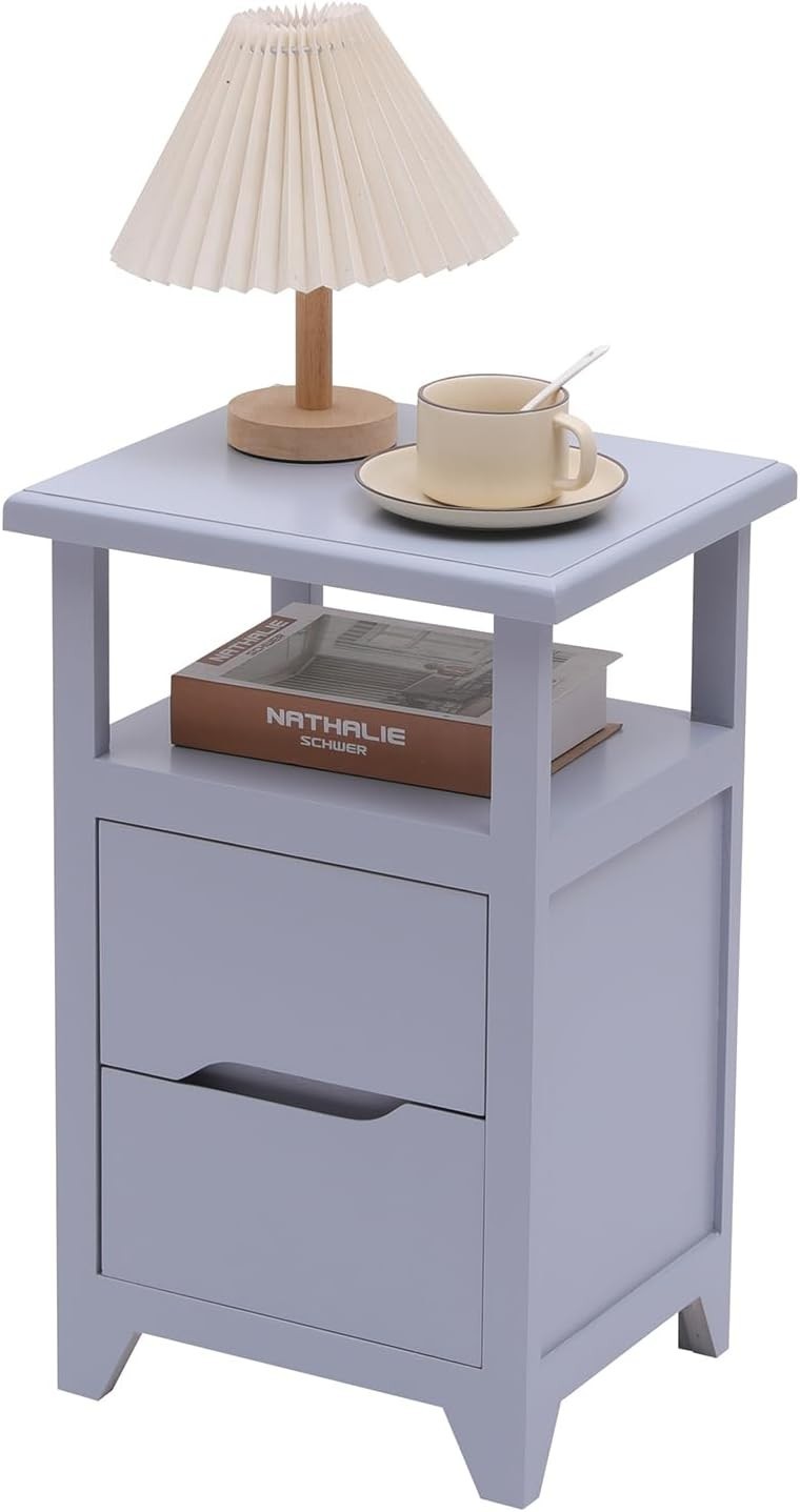 Grey Bedside Table with Drawer & Open Shelf | Fully Assembled Wooden Nightstand - Kwikley