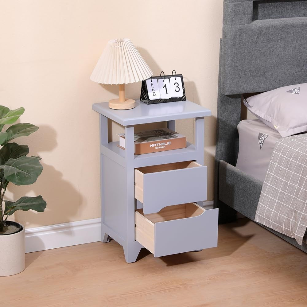 Grey Bedside Table with Drawer & Open Shelf | Fully Assembled Wooden Nightstand - Kwikley
