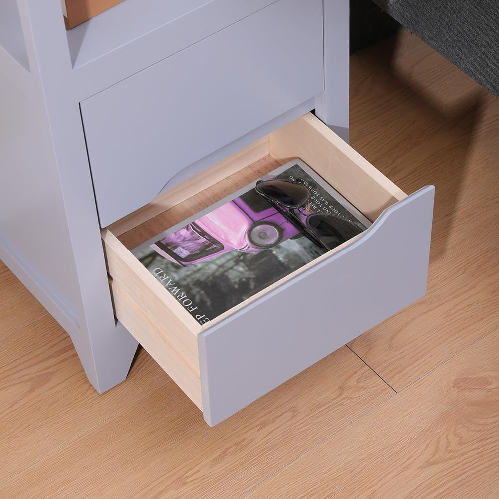 Grey Bedside Table with Drawer & Open Shelf | Fully Assembled Wooden Nightstand - Kwikley
