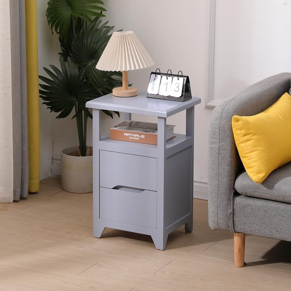 Grey Bedside Table with Drawer & Open Shelf | Fully Assembled Wooden Nightstand - Kwikley