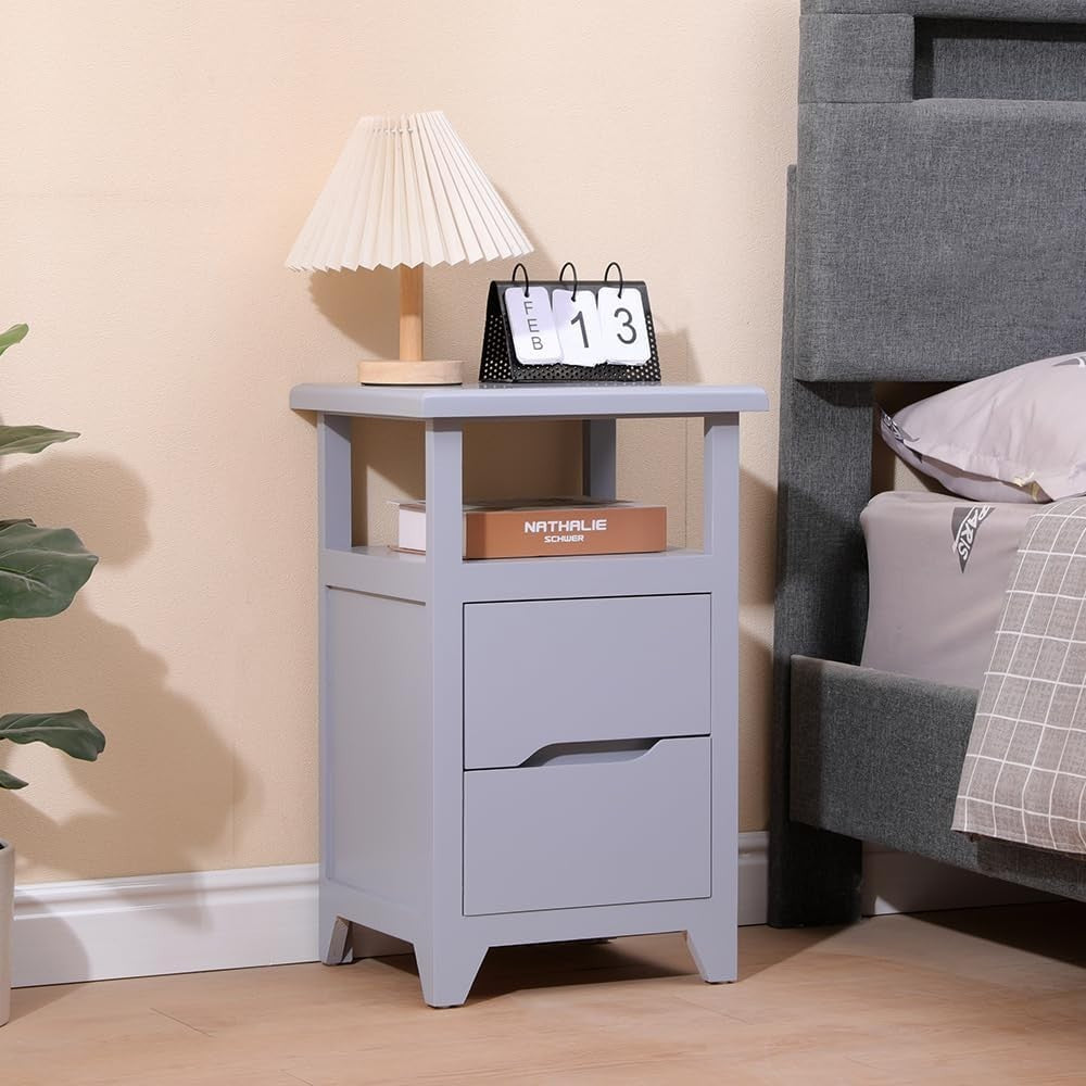 Grey Bedside Table with Drawer & Open Shelf | Fully Assembled Wooden Nightstand - Kwikley