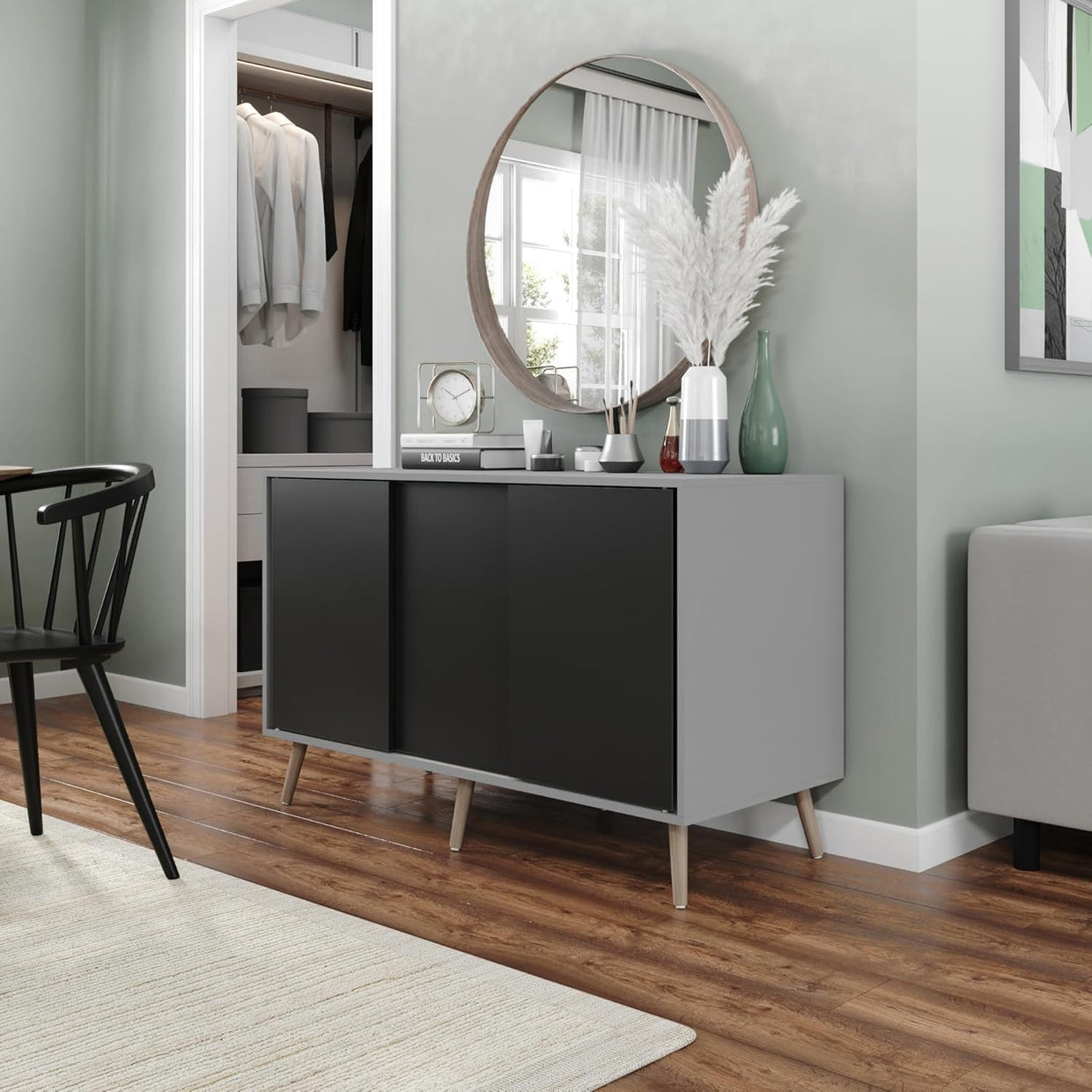 Grey Black Sideboard Cabinet | 3 Door Sliding Storage Unit Beech Legs - Kwikley