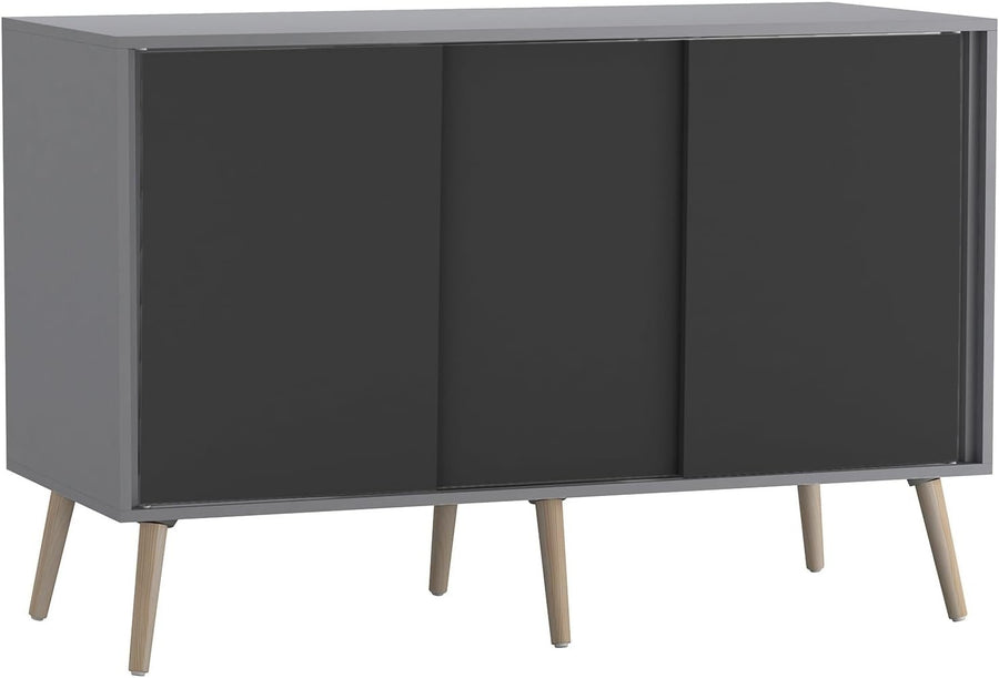 Grey Black Sideboard Cabinet | 3 Door Sliding Storage Unit Beech Legs - Kwikley