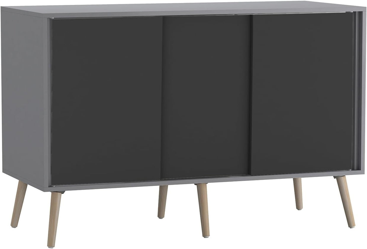 Grey Black Sideboard Cabinet | 3 Door Sliding Storage Unit Beech Legs - Kwikley