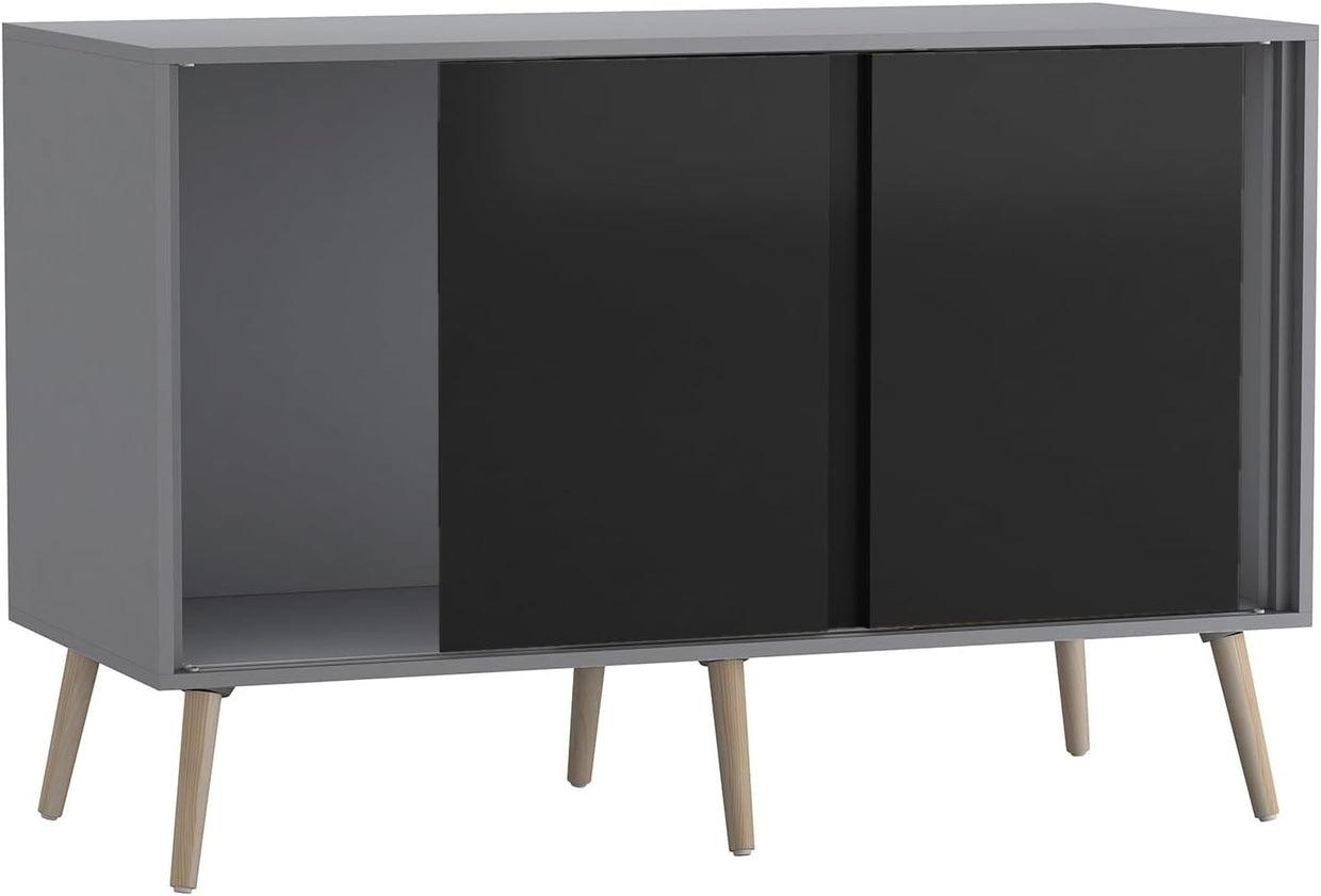 Grey Black Sideboard Cabinet | 3 Door Sliding Storage Unit Beech Legs - Kwikley