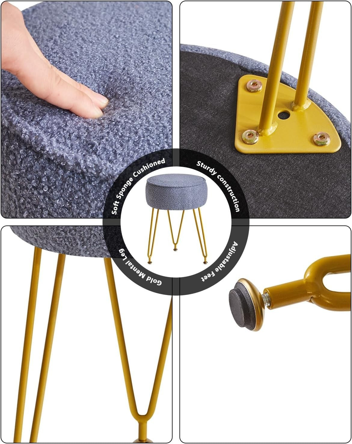 Grey Blue Teddy Velvet Round Footrest Ottoman – Golder Legs Vanity Stool - Kwikley