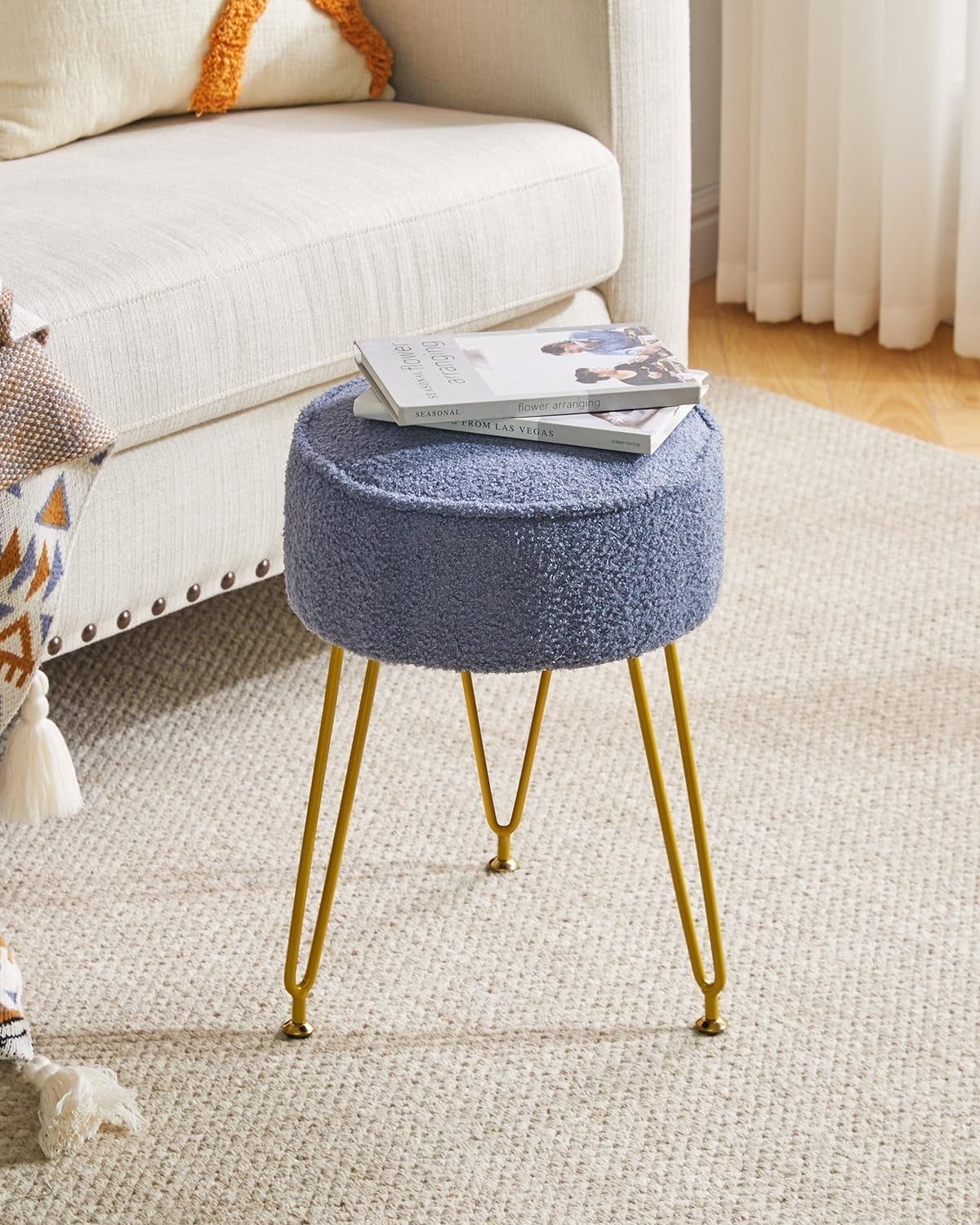 Grey Blue Teddy Velvet Round Footrest Ottoman – Golder Legs Vanity Stool - Kwikley
