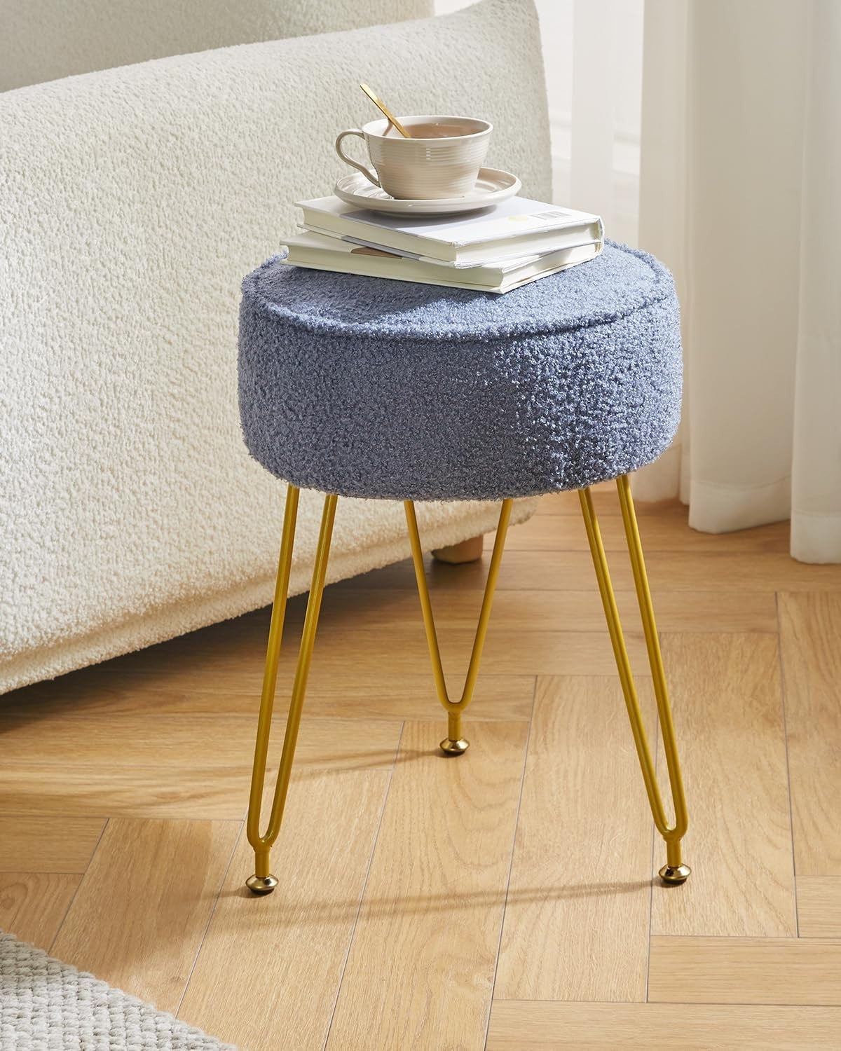 Grey Blue Teddy Velvet Round Footrest Ottoman – Golder Legs Vanity Stool - Kwikley