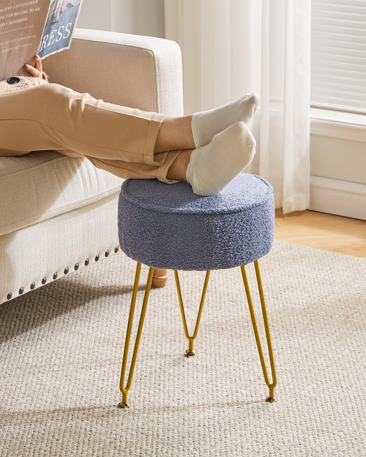 Grey Blue Teddy Velvet Round Footrest Ottoman – Golder Legs Vanity Stool - Kwikley