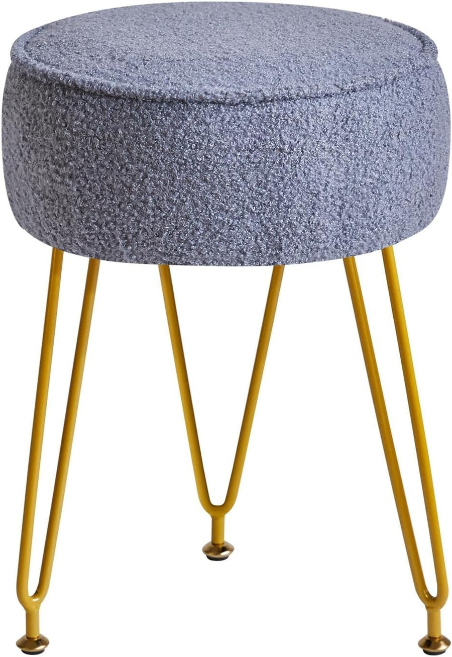 Grey Blue Teddy Velvet Round Footrest Ottoman – Golder Legs Vanity Stool - Kwikley