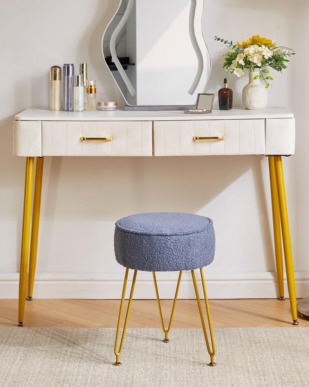 Grey Blue Teddy Velvet Round Footrest Ottoman – Golder Legs Vanity Stool - Kwikley