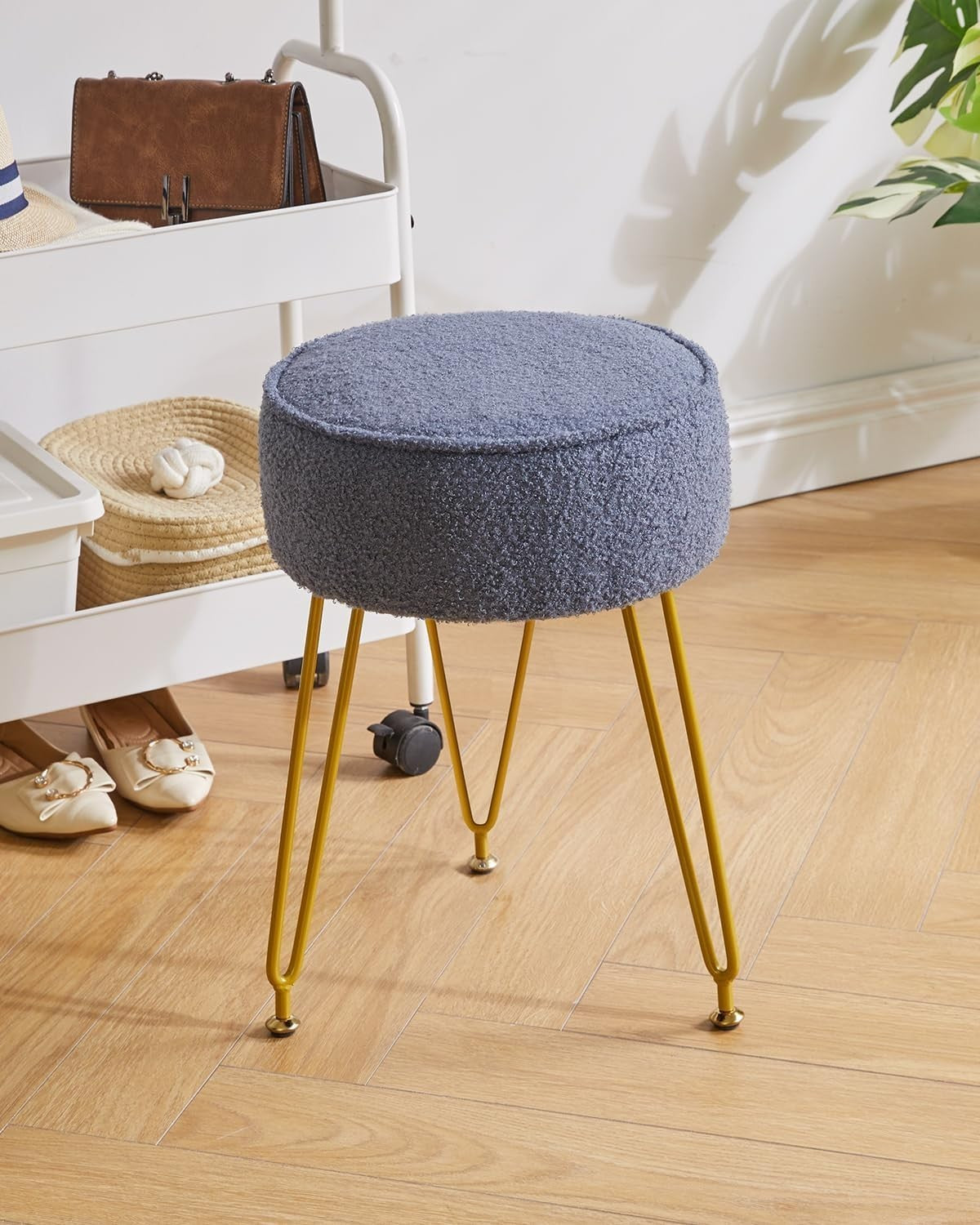 Grey Blue Teddy Velvet Round Footrest Ottoman – Golder Legs Vanity Stool - Kwikley