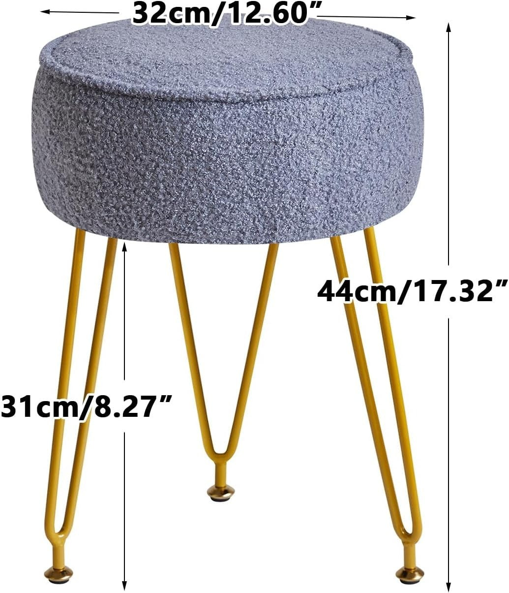 Grey Blue Teddy Velvet Round Footrest Ottoman – Golder Legs Vanity Stool - Kwikley
