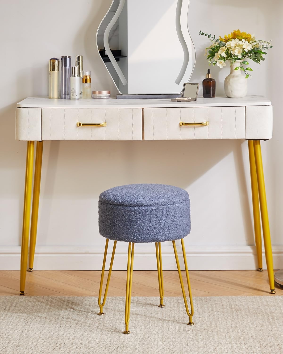 Grey Blue Teddy Velvet Storage Footrest Stool – Vanity Seat with Golden Legs - Kwikley