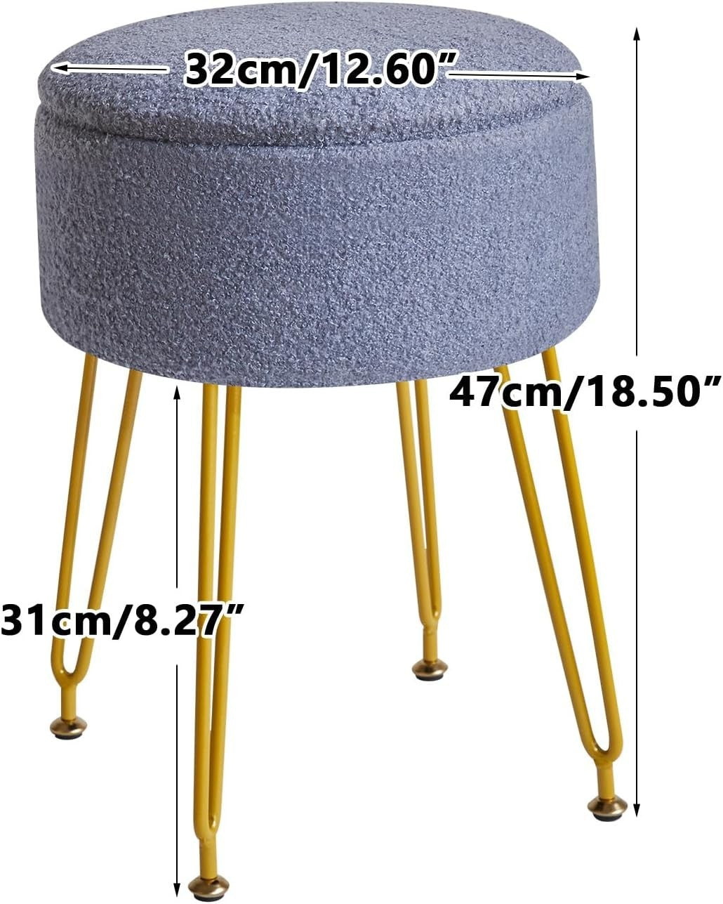 Grey Blue Teddy Velvet Storage Footrest Stool – Vanity Seat with Golden Legs - Kwikley