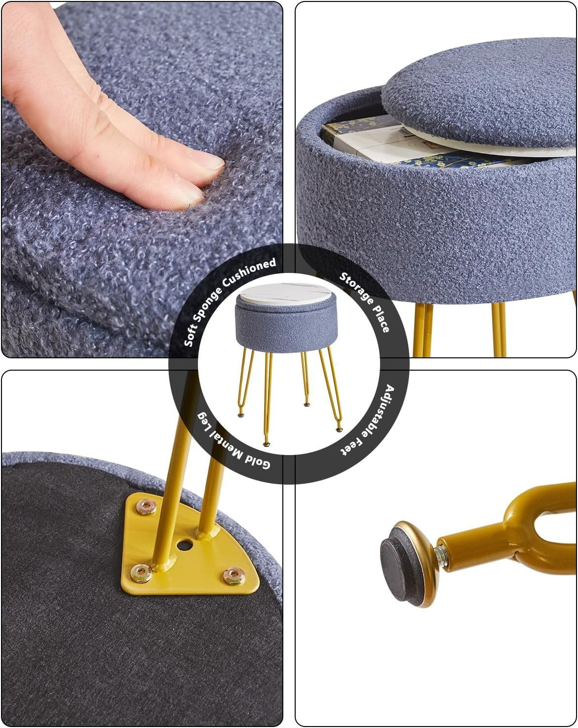 Grey Blue Teddy Velvet Storage Footrest Stool – Vanity Seat with Golden Legs - Kwikley