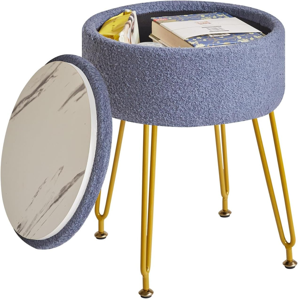 Grey Blue Teddy Velvet Storage Footrest Stool – Vanity Seat with Golden Legs - Kwikley
