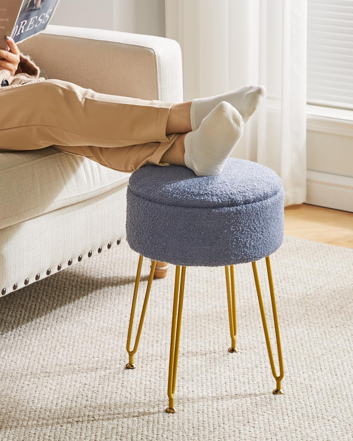 Grey Blue Teddy Velvet Storage Footrest Stool – Vanity Seat with Golden Legs - Kwikley