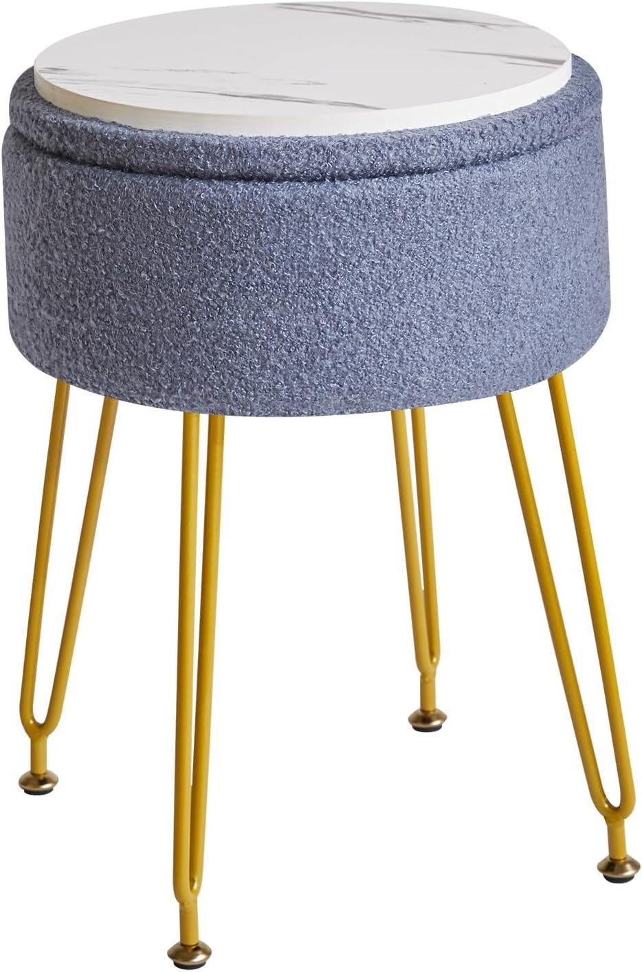 Grey Blue Teddy Velvet Storage Footrest Stool – Vanity Seat with Golden Legs - Kwikley
