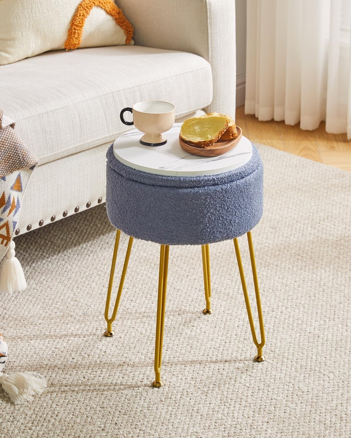 Grey Blue Teddy Velvet Storage Footrest Stool – Vanity Seat with Golden Legs - Kwikley